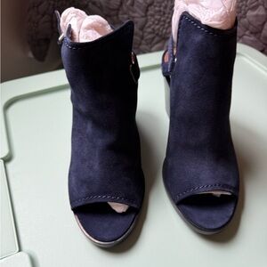 Frye Navy Peep-Toe Heeled Boots